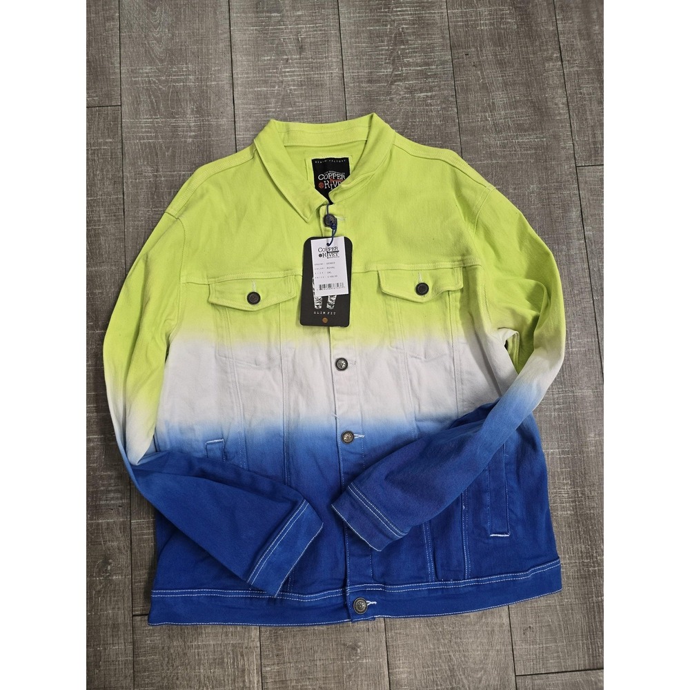 Copper Rivet Denim‎ Jacket Mens 3XL Blue White Ombre Trucker Slim Fit Stretch
